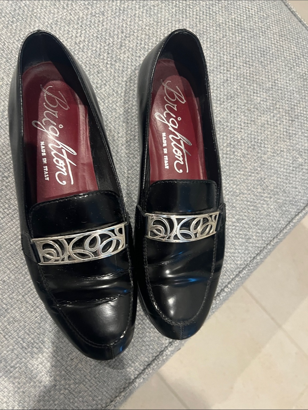 Brighton Black Patent Loafers with Silver Buckle Detail